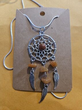 Silver Dreamcatcher Pendant Necklace with Orange Beads